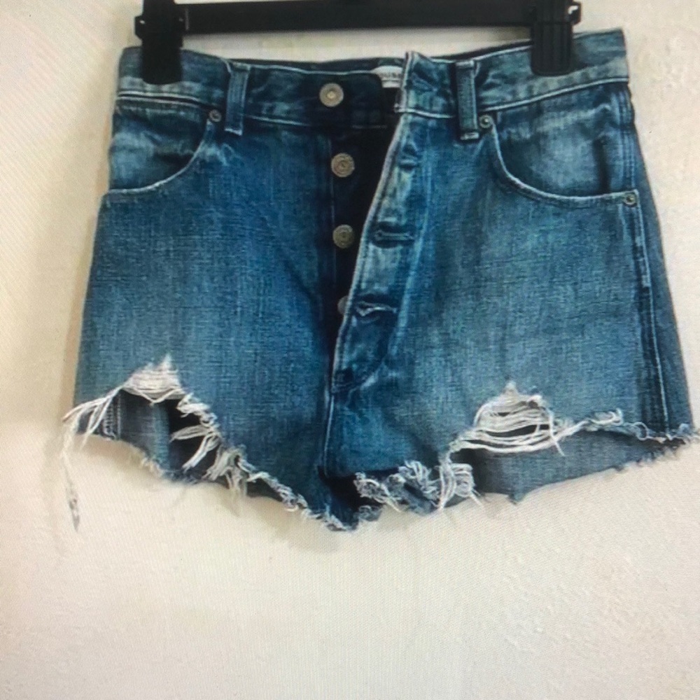 Moussy light wash height rise button front raw edge distressed mini shorts